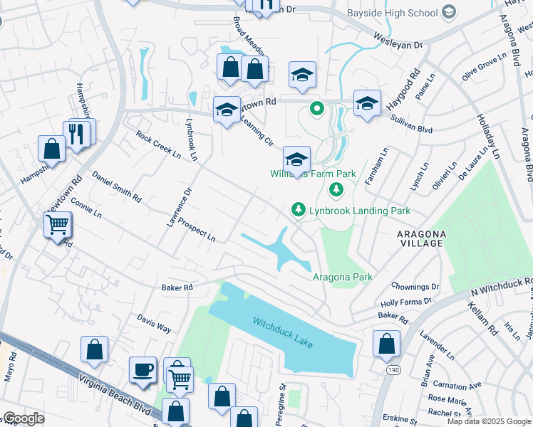 map of restaurants, bars, coffee shops, grocery stores, and more near 616 Fox Creek Court in Virginia Beach