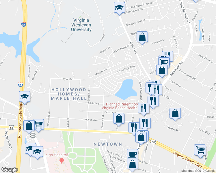 map of restaurants, bars, coffee shops, grocery stores, and more near 5776 West Hastings Arch in Virginia Beach