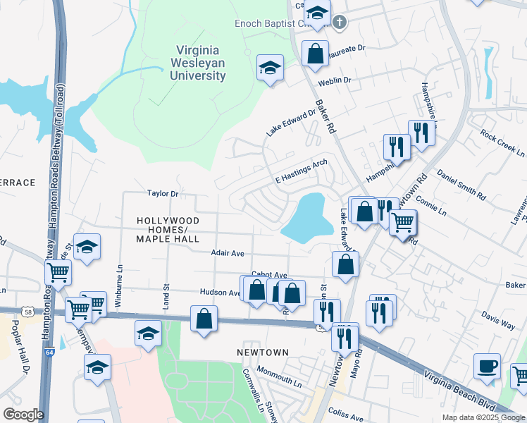 map of restaurants, bars, coffee shops, grocery stores, and more near 5776 West Hastings Arch in Virginia Beach