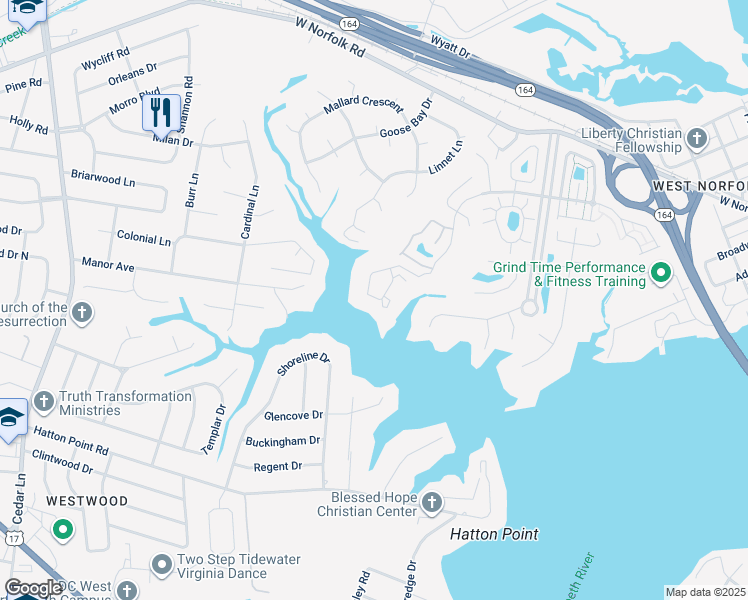 map of restaurants, bars, coffee shops, grocery stores, and more near 1102 Sawgrass Lane in Portsmouth