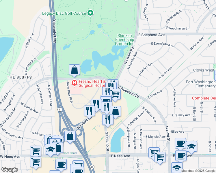map of restaurants, bars, coffee shops, grocery stores, and more near 9 River Park Place East in Fresno