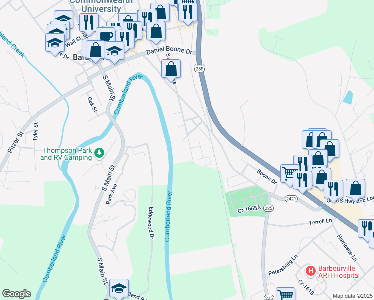 map of restaurants, bars, coffee shops, grocery stores, and more near 319 South Allison Avenue in Barbourville