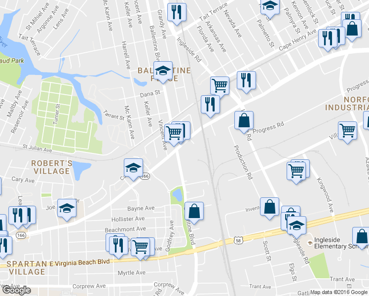 map of restaurants, bars, coffee shops, grocery stores, and more near 3109 E Princess Anne Rd in Norfolk