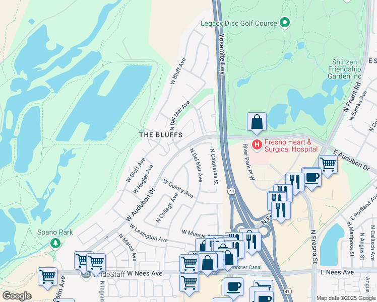 map of restaurants, bars, coffee shops, grocery stores, and more near 241 West Audubon Drive in Fresno