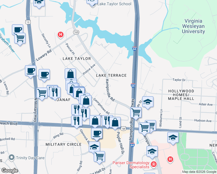 map of restaurants, bars, coffee shops, grocery stores, and more near 1107 Kempsville Road in Norfolk