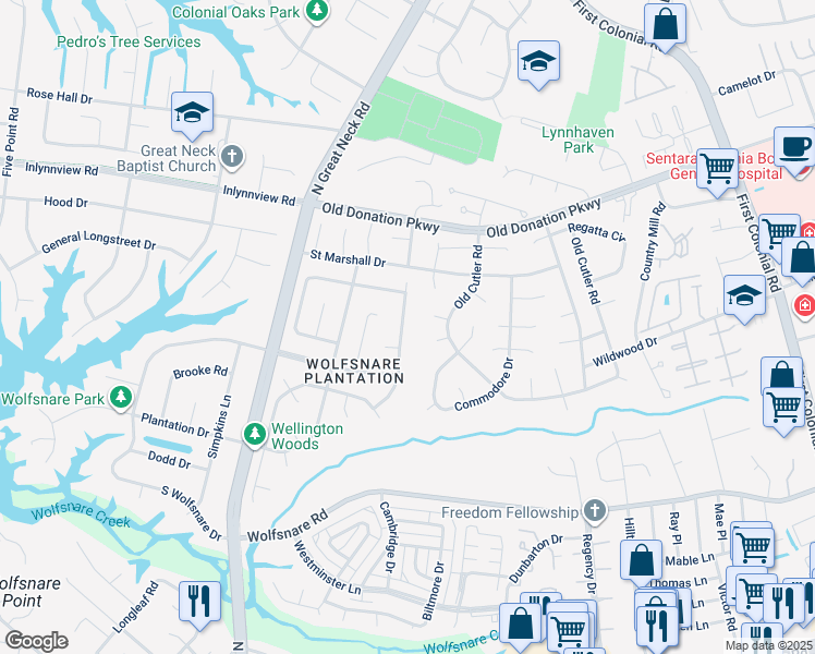map of restaurants, bars, coffee shops, grocery stores, and more near 920 Duke of Suffolk Drive in Virginia Beach