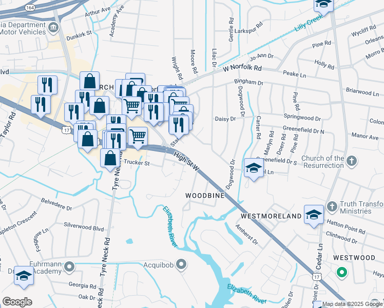 map of restaurants, bars, coffee shops, grocery stores, and more near 5624 High Street West in Portsmouth