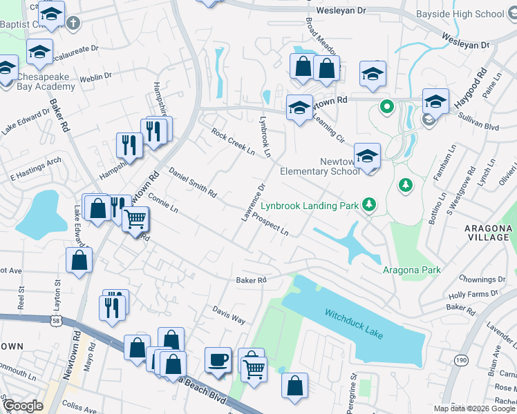 map of restaurants, bars, coffee shops, grocery stores, and more near 664 Lawrence Drive in Virginia Beach