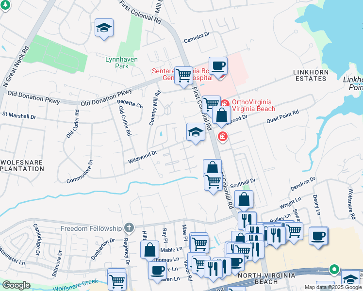 map of restaurants, bars, coffee shops, grocery stores, and more near 1818 Sheringham West in Virginia Beach