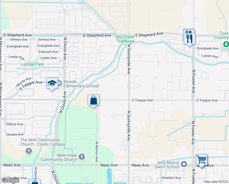 map of restaurants, bars, coffee shops, grocery stores, and more near 4832 Teague Avenue in Clovis