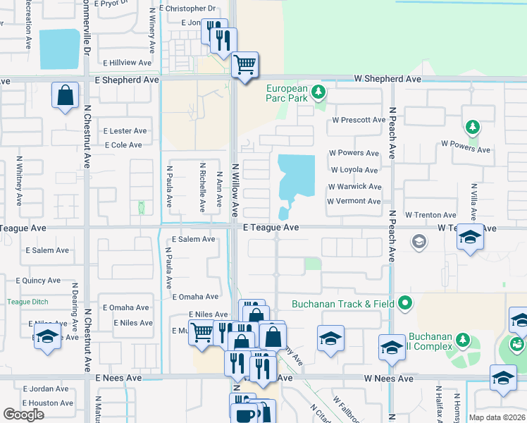 map of restaurants, bars, coffee shops, grocery stores, and more near 742 West Barcelcna in Clovis
