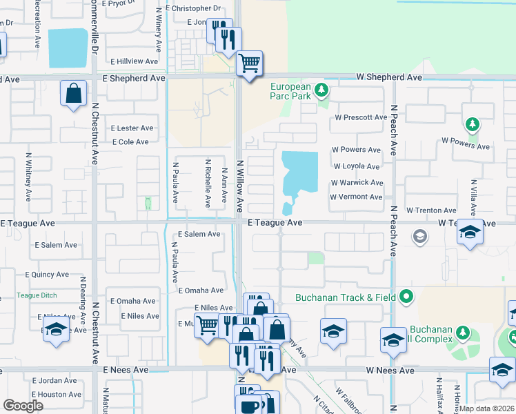 map of restaurants, bars, coffee shops, grocery stores, and more near 742 West Barcelcna in Clovis