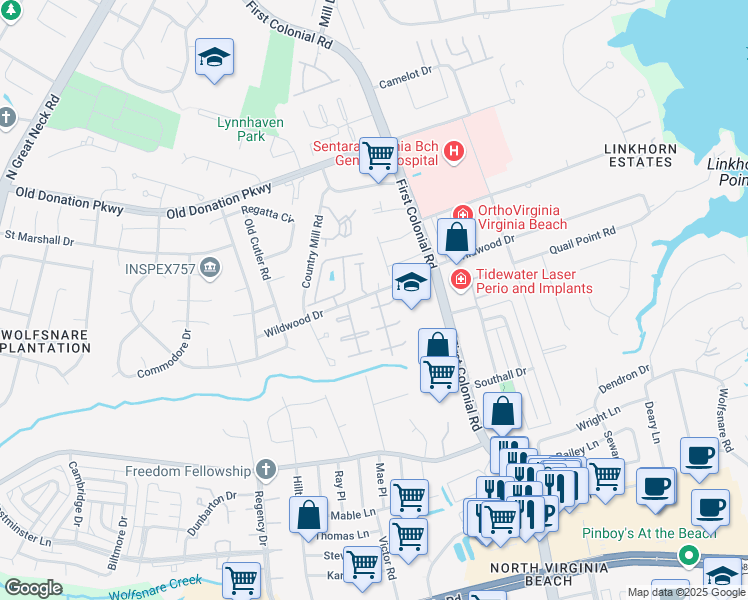map of restaurants, bars, coffee shops, grocery stores, and more near 1818 Sheringham West in Virginia Beach