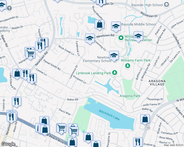 map of restaurants, bars, coffee shops, grocery stores, and more near 647 Goose Creek Road in Virginia Beach