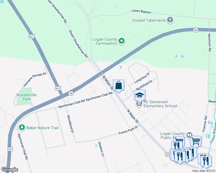 map of restaurants, bars, coffee shops, grocery stores, and more near 1037 Sportsman Club Drive in Russellville