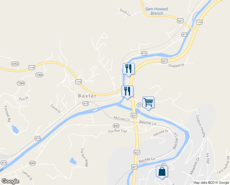 map of restaurants, bars, coffee shops, grocery stores, and more near 651 U.S. 119 in Baxter