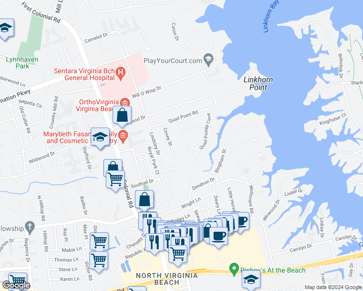 map of restaurants, bars, coffee shops, grocery stores, and more near 1613 Shadblow Court in Virginia Beach
