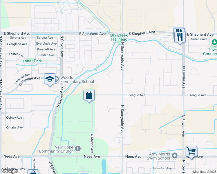 map of restaurants, bars, coffee shops, grocery stores, and more near 4848 East Teague Avenue in Clovis