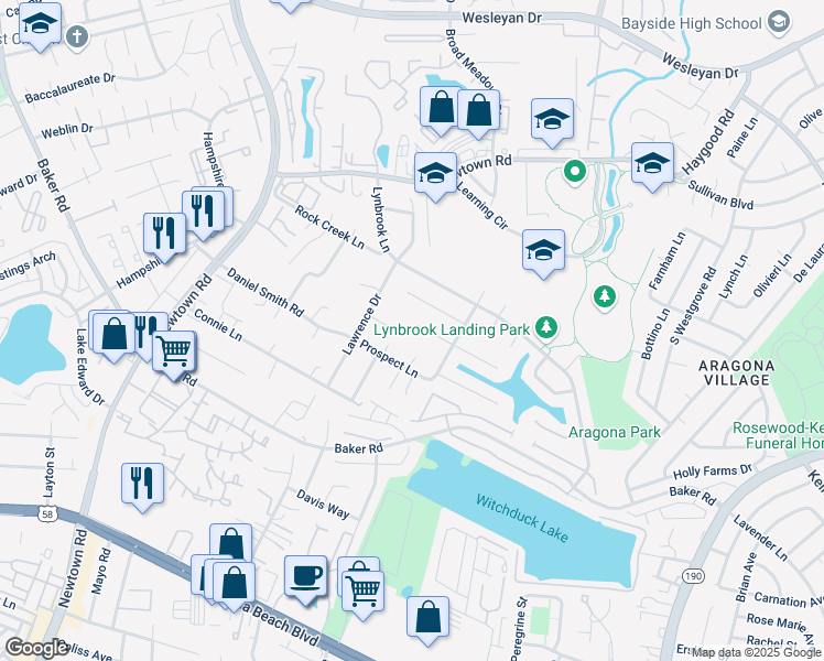 map of restaurants, bars, coffee shops, grocery stores, and more near 601 Prospect Lane in Virginia Beach