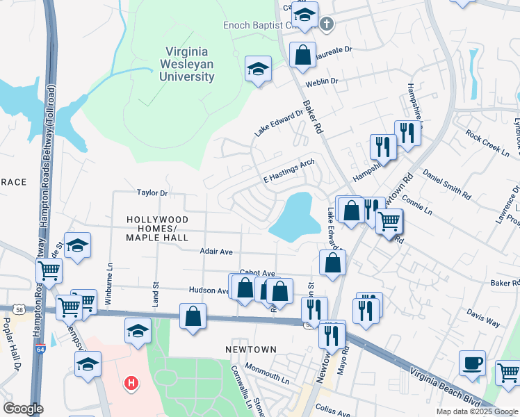 map of restaurants, bars, coffee shops, grocery stores, and more near 613 Red Horse Lane in Virginia Beach