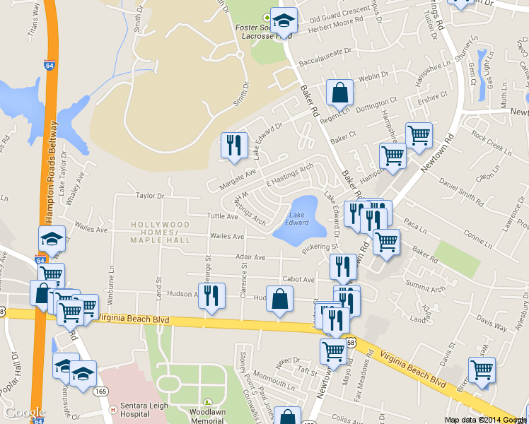 map of restaurants, bars, coffee shops, grocery stores, and more near 613 Red Horse Lane in Virginia Beach