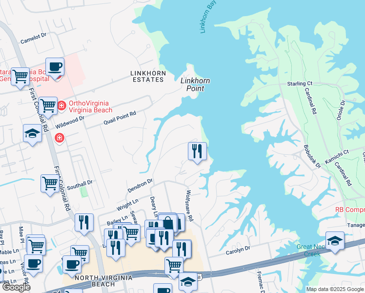 map of restaurants, bars, coffee shops, grocery stores, and more near 916 East Horseshoe Court in Virginia Beach