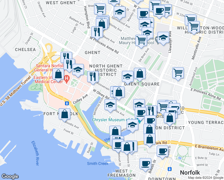 map of restaurants, bars, coffee shops, grocery stores, and more near 524 Boissevain Avenue in Norfolk