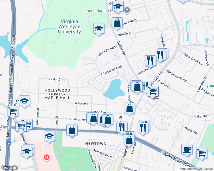 map of restaurants, bars, coffee shops, grocery stores, and more near 5719 West Hastings Arch in Virginia Beach