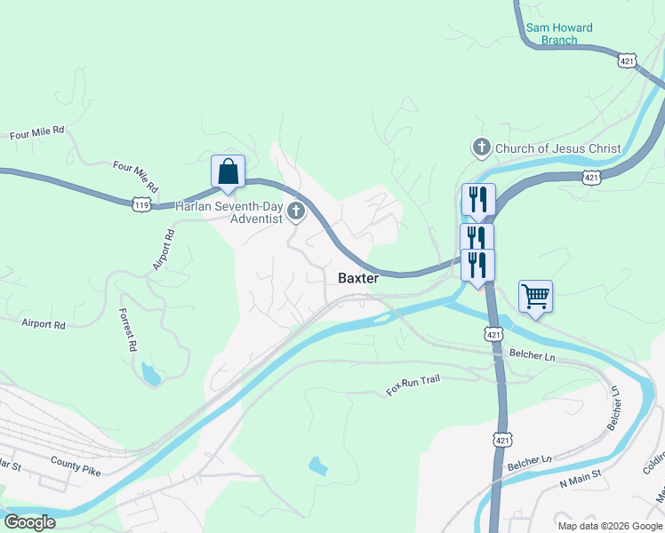 map of restaurants, bars, coffee shops, grocery stores, and more near 651 U.S. 119 in Baxter