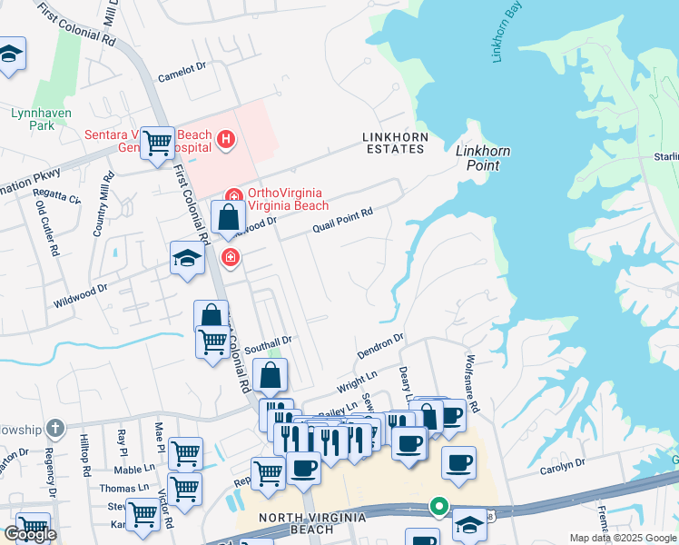 map of restaurants, bars, coffee shops, grocery stores, and more near 1613 Shadblow Court in Virginia Beach
