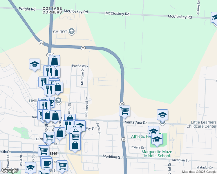 map of restaurants, bars, coffee shops, grocery stores, and more near 461 Walk about Way in Hollister