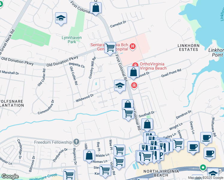 map of restaurants, bars, coffee shops, grocery stores, and more near 1812 Sheringham East in Virginia Beach