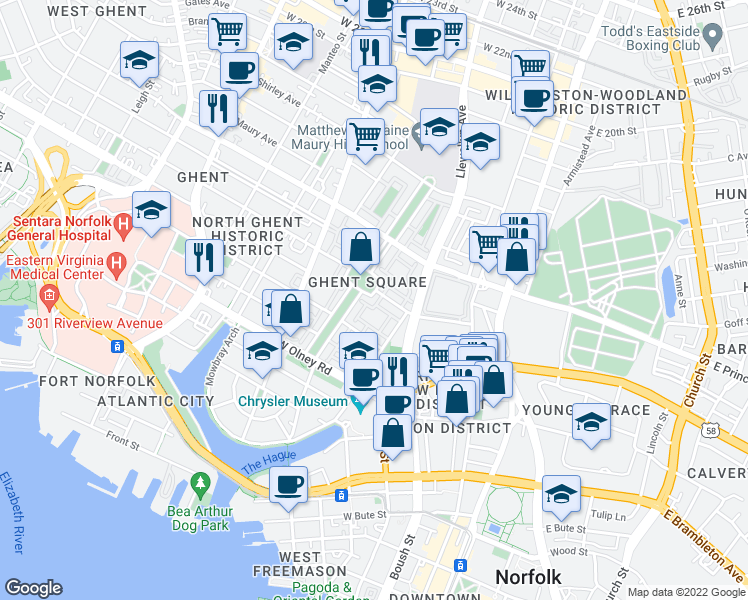map of restaurants, bars, coffee shops, grocery stores, and more near 838 Botetourt Gardens in Norfolk