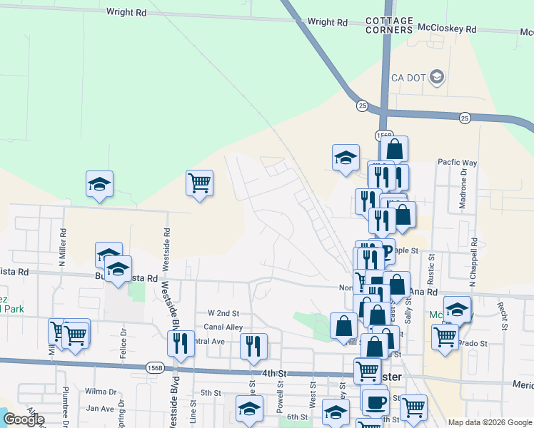 map of restaurants, bars, coffee shops, grocery stores, and more near 640 Shearwater Street in Hollister