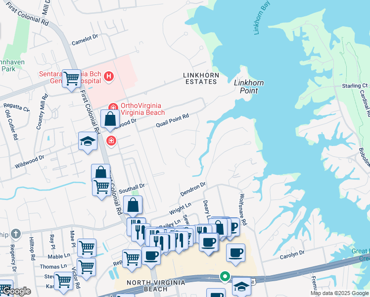 map of restaurants, bars, coffee shops, grocery stores, and more near 1609 Star Grass Road in Virginia Beach