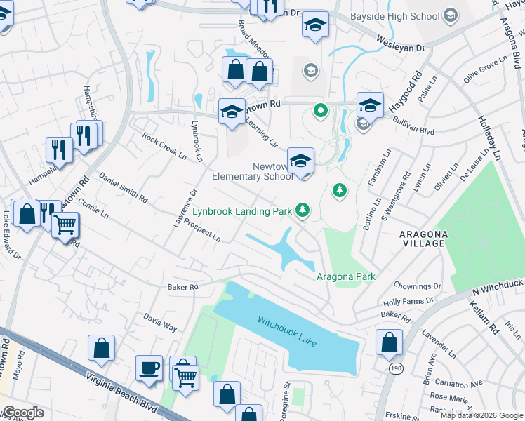 map of restaurants, bars, coffee shops, grocery stores, and more near 5419 Lynbrook Landing in Virginia Beach