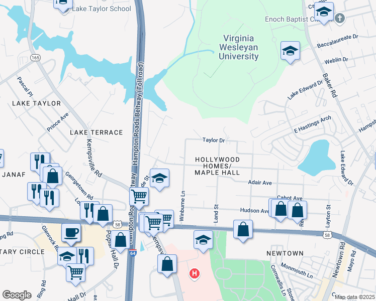 map of restaurants, bars, coffee shops, grocery stores, and more near 1234 Winburne Lane in Norfolk