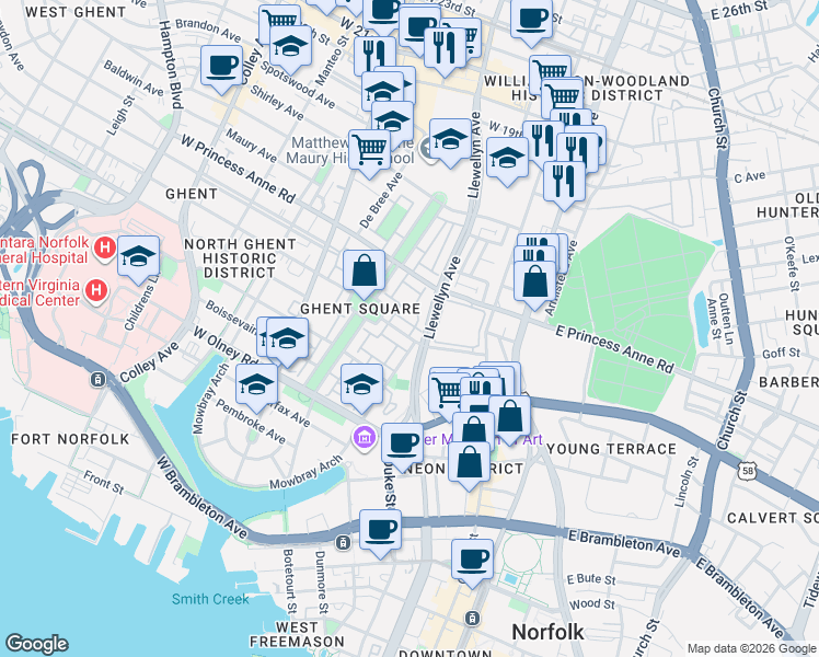 map of restaurants, bars, coffee shops, grocery stores, and more near 1023 Llewellyn Mews in Norfolk