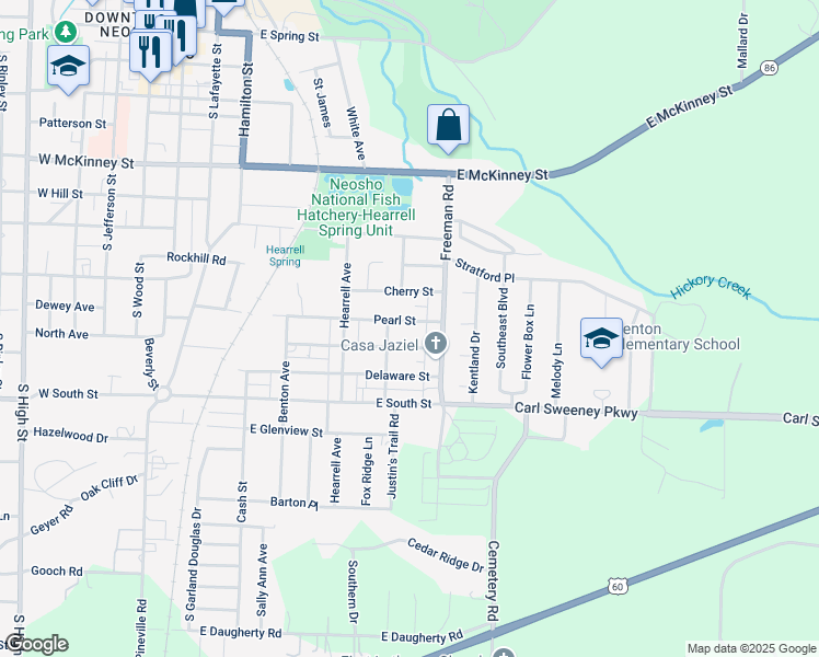 map of restaurants, bars, coffee shops, grocery stores, and more near 707 Cherry Street in Neosho