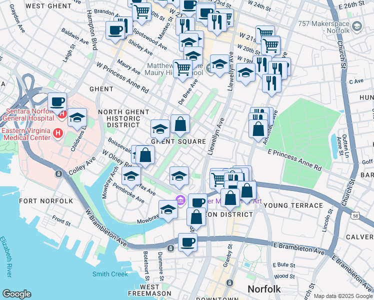 map of restaurants, bars, coffee shops, grocery stores, and more near 838 Botetourt Gardens in Norfolk