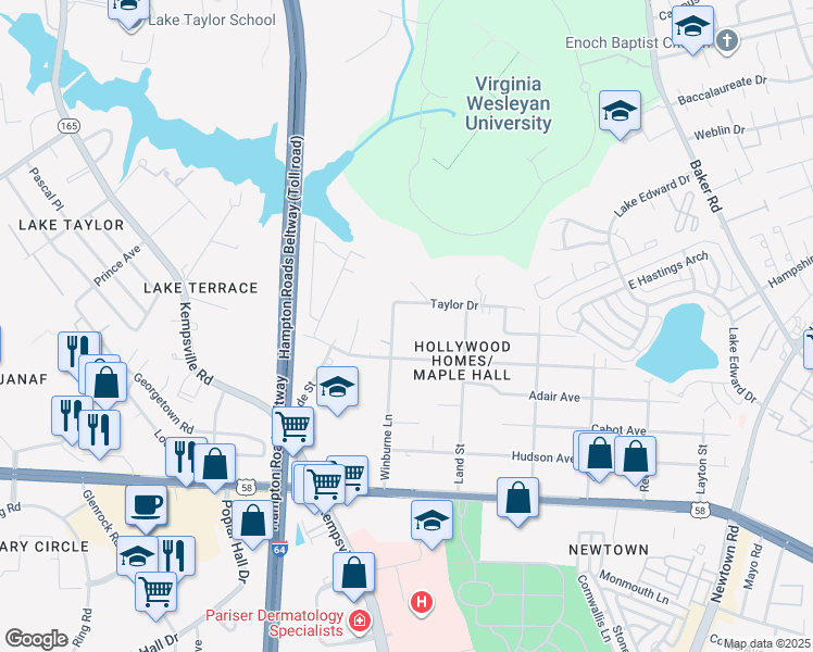 map of restaurants, bars, coffee shops, grocery stores, and more near 1234 Winburne Lane in Norfolk