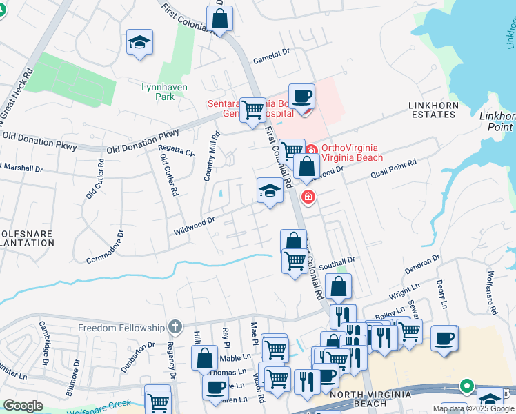 map of restaurants, bars, coffee shops, grocery stores, and more near 1812 Sheringham East in Virginia Beach