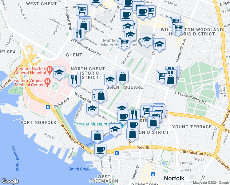 map of restaurants, bars, coffee shops, grocery stores, and more near 809 Botetourt Gardens in Norfolk