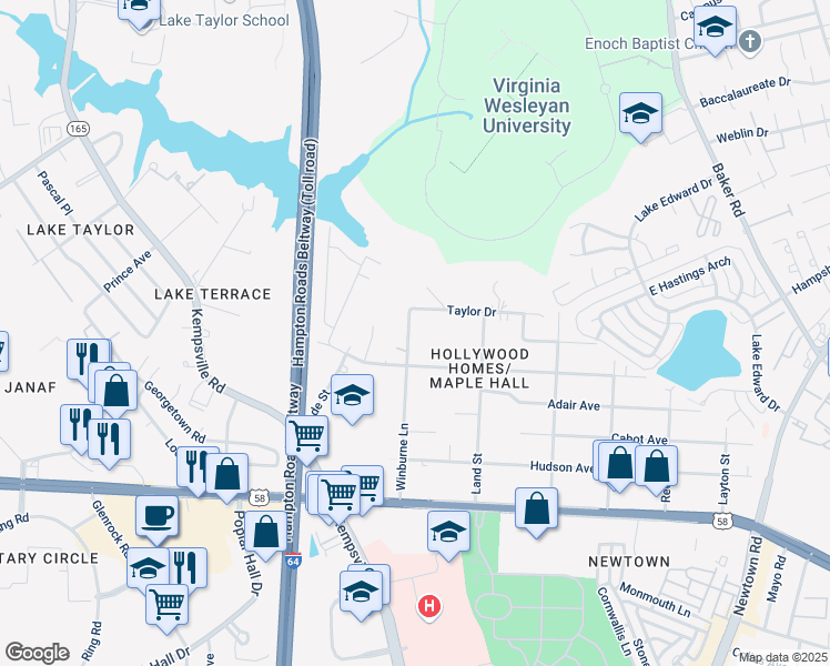 map of restaurants, bars, coffee shops, grocery stores, and more near 1234 Winburne Lane in Norfolk