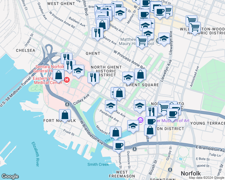 map of restaurants, bars, coffee shops, grocery stores, and more near 524 Boissevain Avenue in Norfolk