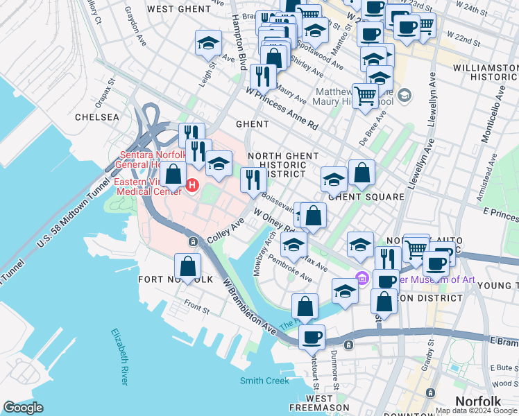 map of restaurants, bars, coffee shops, grocery stores, and more near 620 West Olney Road in Norfolk