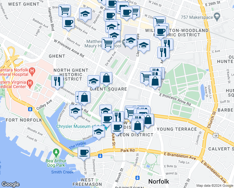 map of restaurants, bars, coffee shops, grocery stores, and more near 336 Westover Avenue in Norfolk