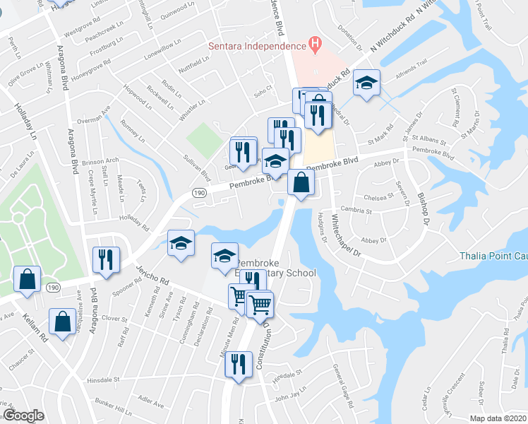map of restaurants, bars, coffee shops, grocery stores, and more near 701 Emerald Lake Drive in Virginia Beach