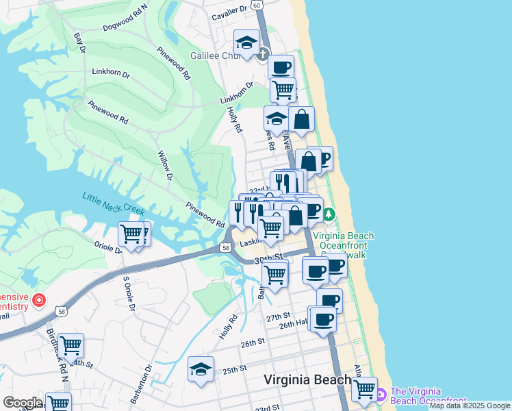 map of restaurants, bars, coffee shops, grocery stores, and more near 3302 Holly Road in Virginia Beach