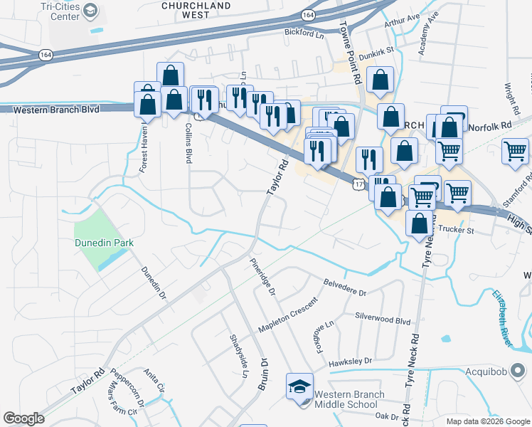 map of restaurants, bars, coffee shops, grocery stores, and more near 4328 Greendell Road in Chesapeake
